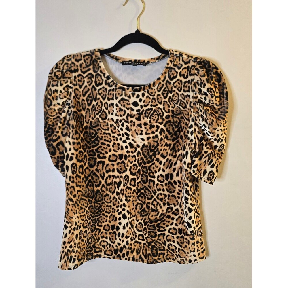 GENERATION LOVE  Julia Blouse Leopard Print Puff Sleeve Crewneck Top Size Xs